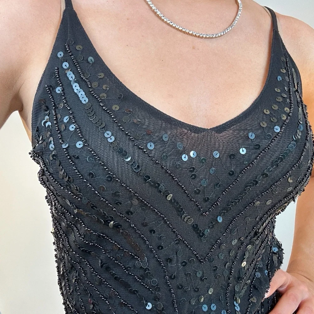 Vintage Wet Seal Y2K Black Sequin Beaded V-neck Tank Top Cami - Picture 5 of 9
